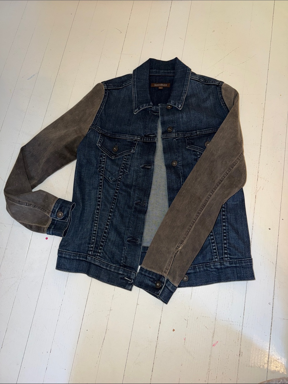 James Jeans Two-Tone Denim Jacket in Dark Blue with Gray Sleeves